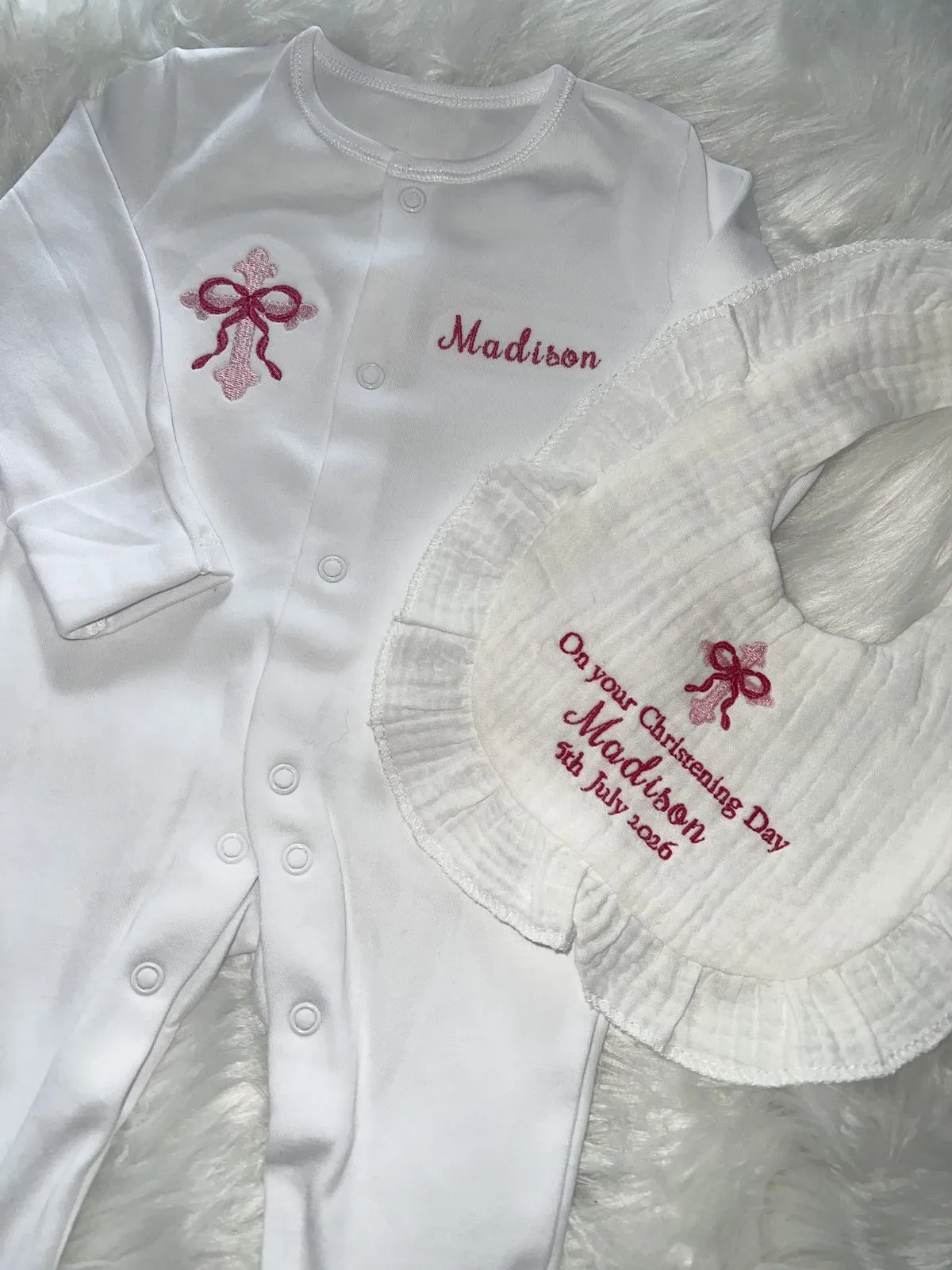 Christening Babygrow and Bib: Bow Design