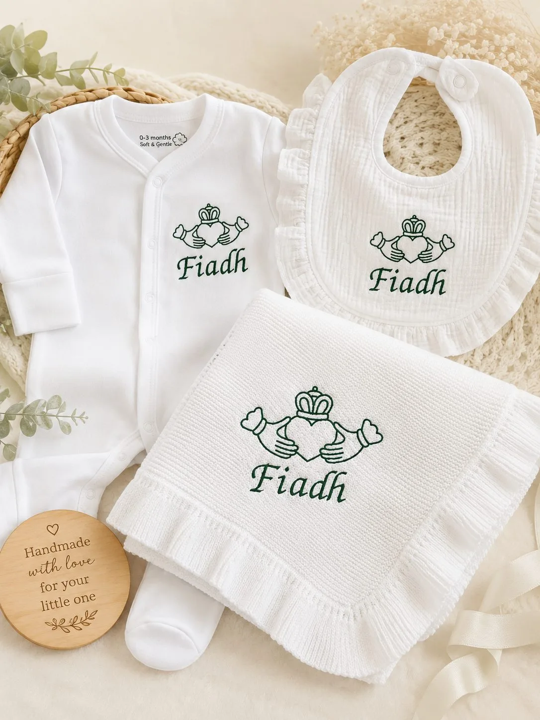 Knitted Claddagh Bundle: Personalised Blanket, Babygrow & Bib