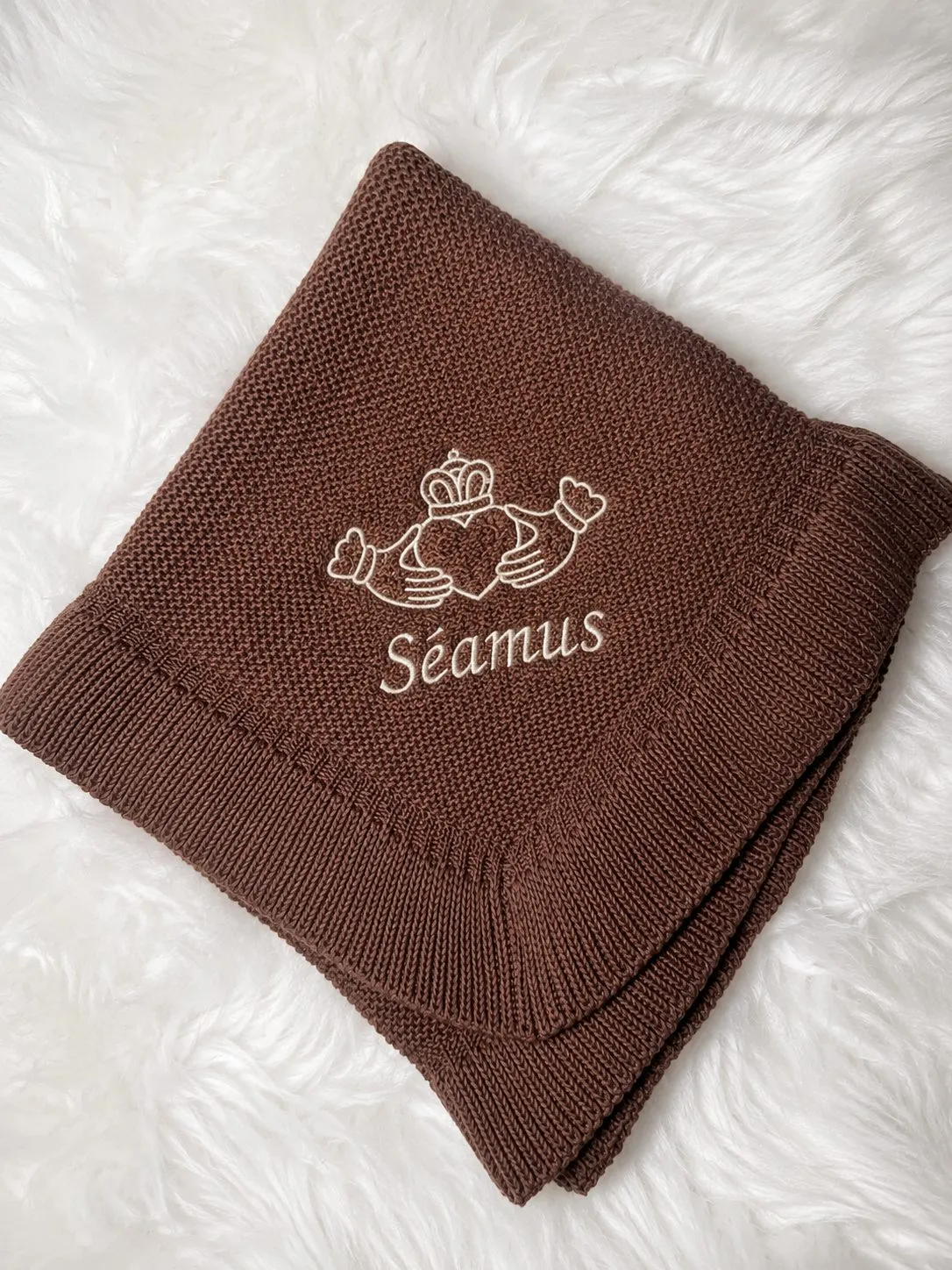 Personalised Claddagh Design on Knitted Frill Blanket