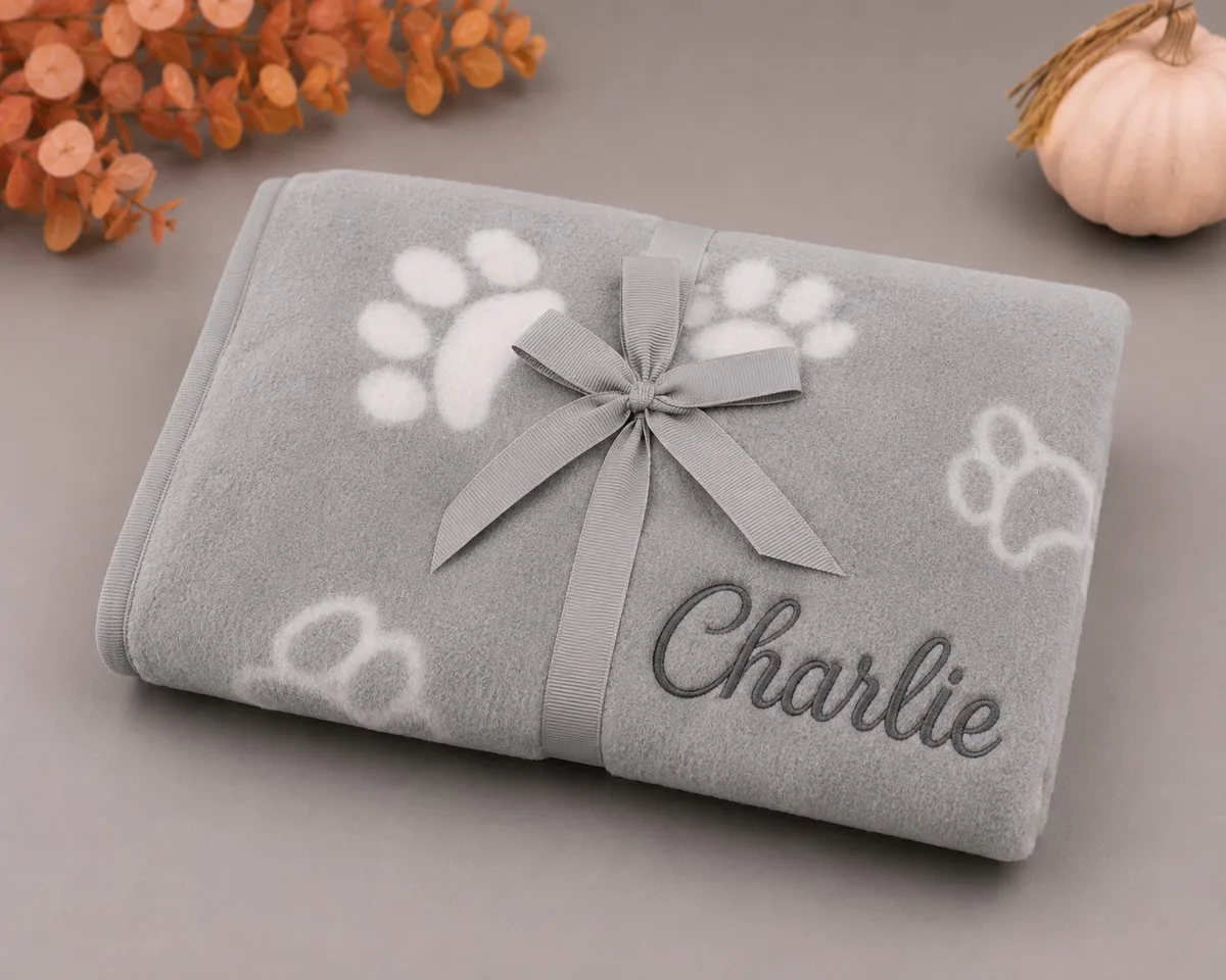 SALE: Personalised Small Pet Blanket, Grey Paws Blanket