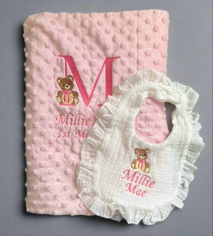 Teddy Bear Initial Blanket and Bib Bundle