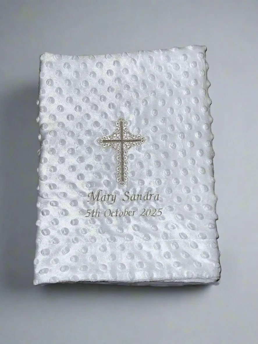 White Bubble Christening Blanket with Cross