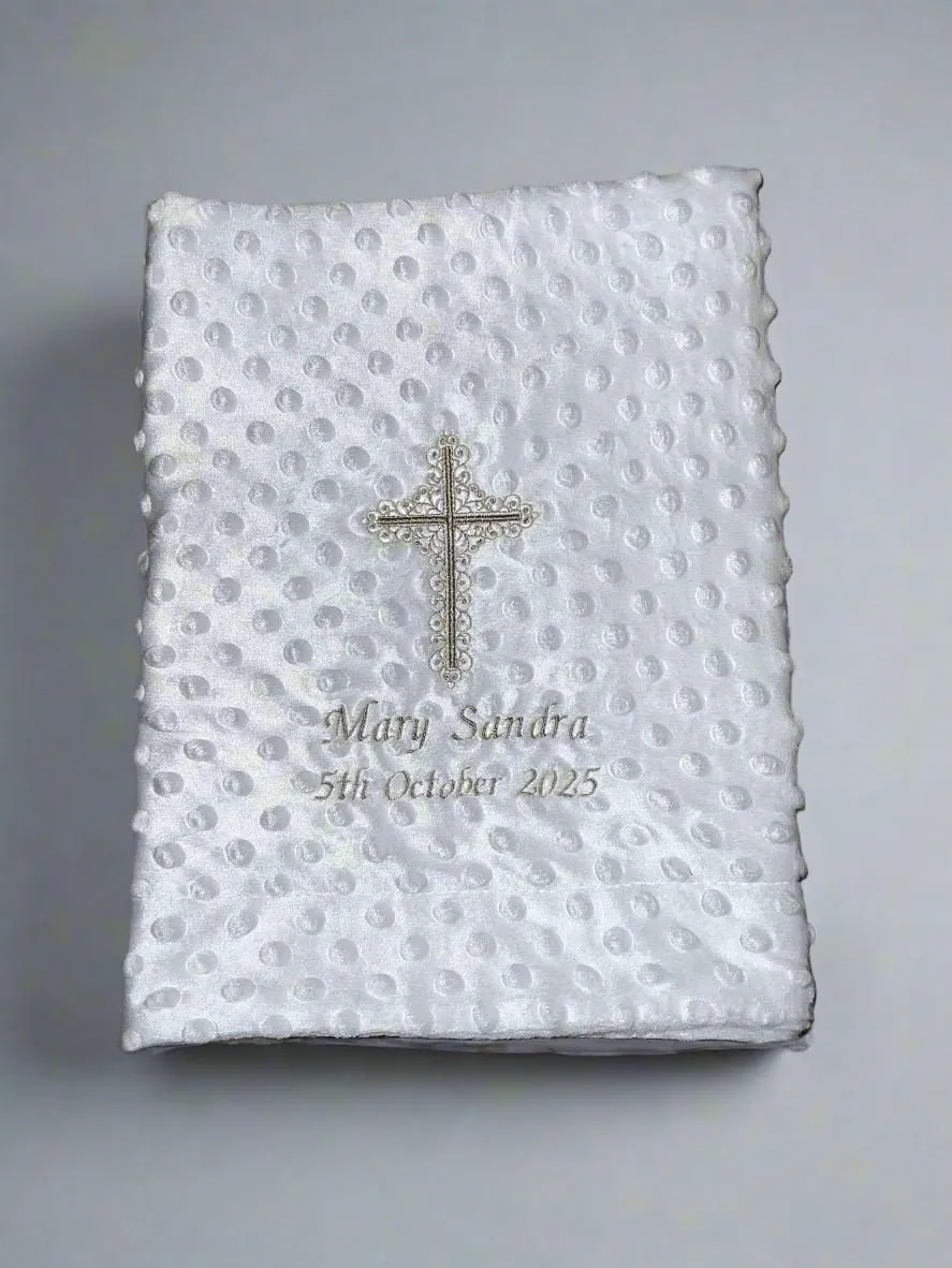 White Bubble Christening Blanket with Cross