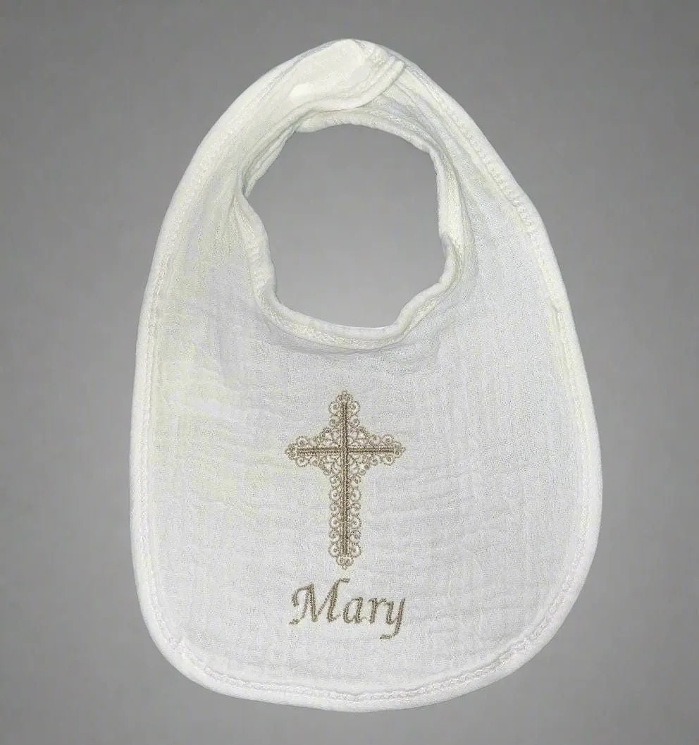 White Muslin Christening Bib with Cross & Name
